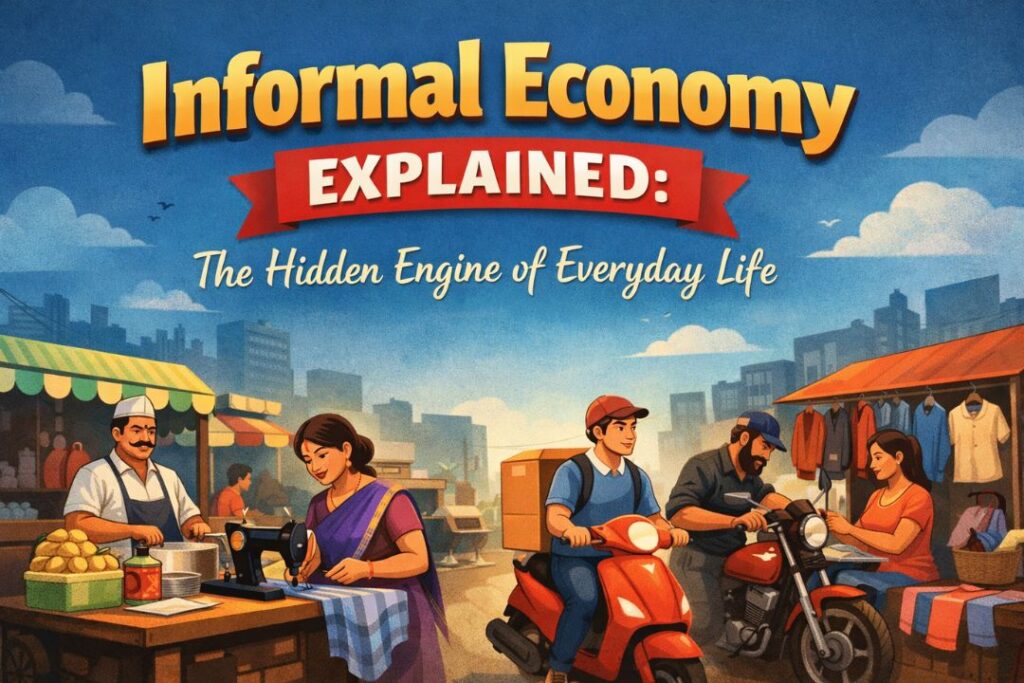 Illustration showing informal economy workers like street vendors, delivery riders, and small business owners in daily life