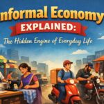 Illustration showing informal economy workers like street vendors, delivery riders, and small business owners in daily life