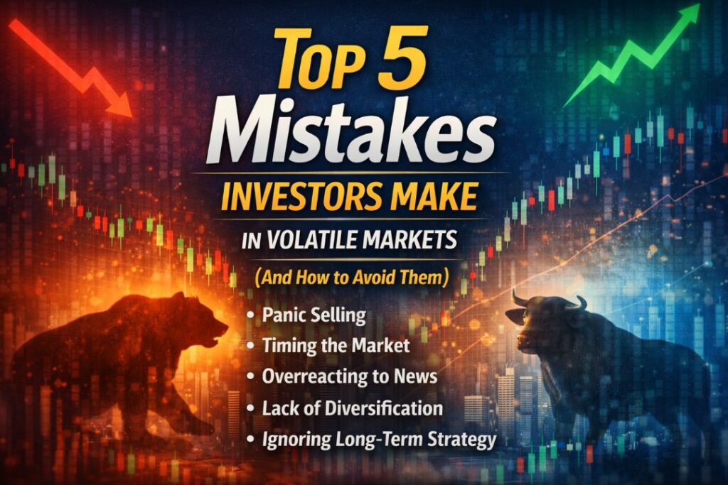 Top 5 mistakes investors make in volatile markets infographic with stock charts, bull and bear symbols