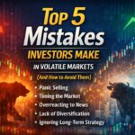 Top 5 mistakes investors make in volatile markets infographic with stock charts, bull and bear symbols