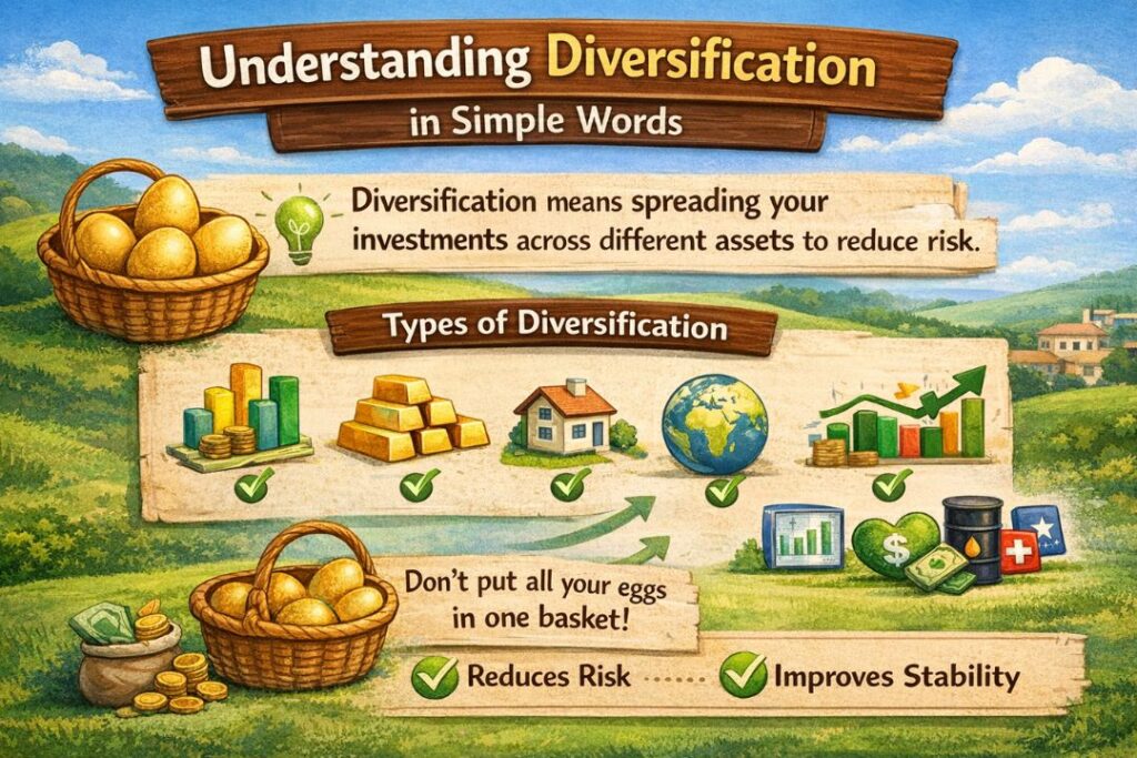 Understanding diversification in simple words infographic showing types, benefits and examples of diversification