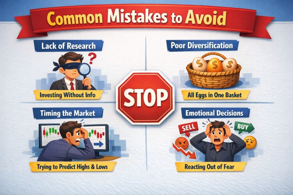 Common mistakes to avoid infographic showing investing errors like lack of research, poor diversification, timing the market and emotional decisions