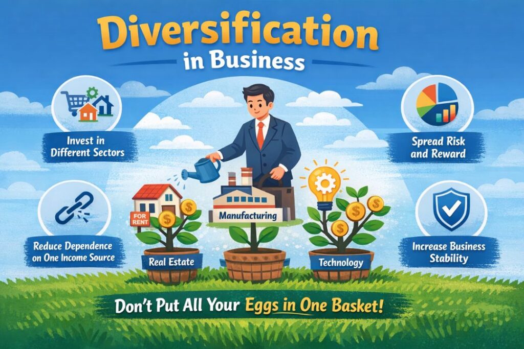 Diversification in business infographic showing different types of business expansion strategies and multiple revenue streams