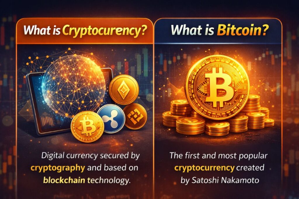 What is Cryptocurrency and What is Bitcoin infographic showing digital currency, blockchain concept and Bitcoin coin