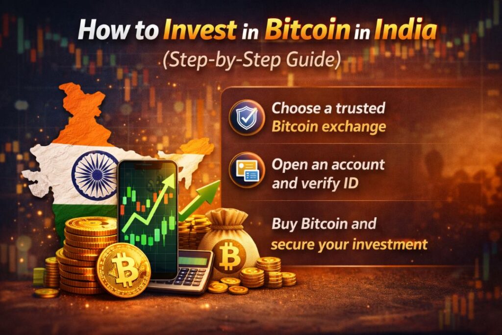 How to invest in Bitcoin in India step by step guide showing crypto exchange, verification and buying process
