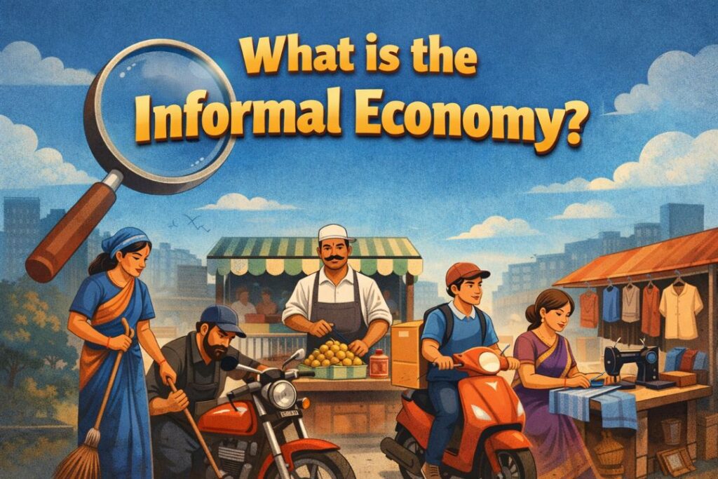 Illustration explaining what the informal economy is with street vendors and small workers