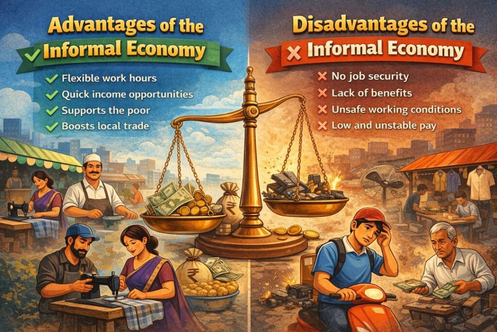 Illustration comparing advantages and disadvantages of the informal economy with everyday workers and a balance scale