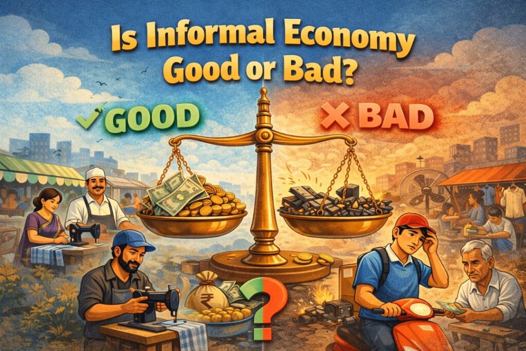 Illustration showing whether the informal economy is good or bad with balanced pros and cons visuals