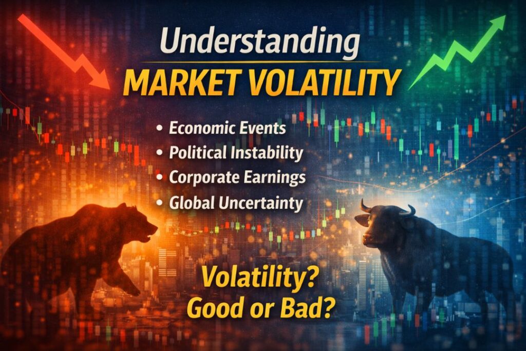 Understanding market volatility infographic with stock charts, bull and bear symbols, and key factors affecting market fluctuations