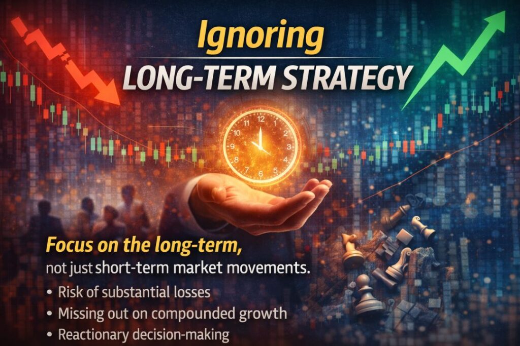 Ignoring long-term strategy in investing infographic showing emotional decisions, stock market charts, and poor financial planning