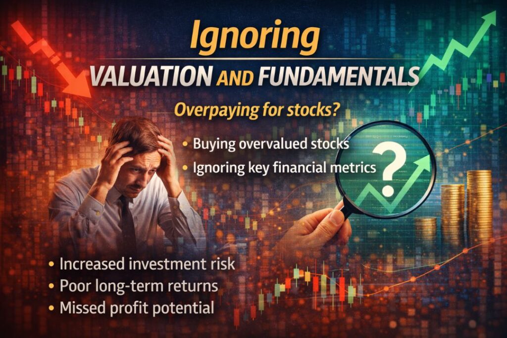 Ignoring valuation and fundamentals infographic showing overvalued stocks, financial analysis, and investment risk concepts